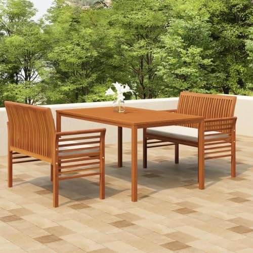 Tonture 3-TLG. Garten-Essgruppe Akazienholz, Creme Kissen, 150x90cm Tisch, Robustes Outdoor Terrassenmöbel Set mit Bänken, Langlebig für Außenbereich, Balkon