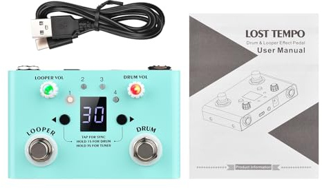 Glomora M VAVE LOST TEMPO 2-in-1-Mini-Drum-Machine und Looper-Pedal mit Stimmgerät, Dual-Fußschalter, 30 Drums, 4 Loops, 11-Minuten-Aufnahme, USB-Audio-Export, tragbares (Without speed adjustment)