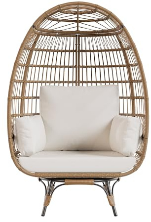 GarveeHome 360° Drehbarer Rattan-Ei-Stuhl， Stabil & Komfortabler Loungesessel Für Garten, Terrasse, Balkon & Wohnzimmer – Bis 160 kg Belastbar, Mit Dicken Kissen & Robustem Stahlrahmen