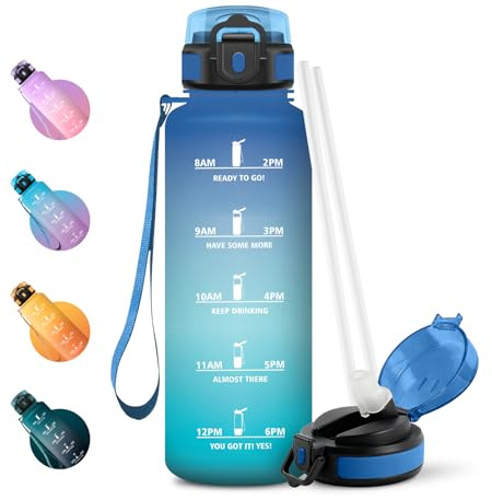 JAPORIA Trinkflasche 1.5L, Wasserflasche mit Strohhalm, Auslaufsicher Kohlensäure Geeignet, Sportflasche mit Zeitmarkierungen, für Fahrrad, Fitness