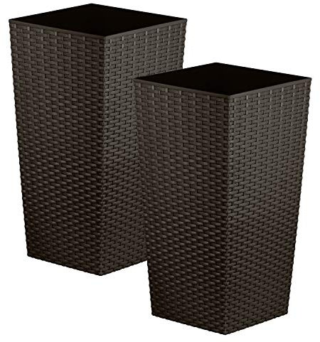 CrazyGadget Tall Square Plastic Rattan Indoor/Outdoor Planters, Set of 2, Brown, 17 Litre