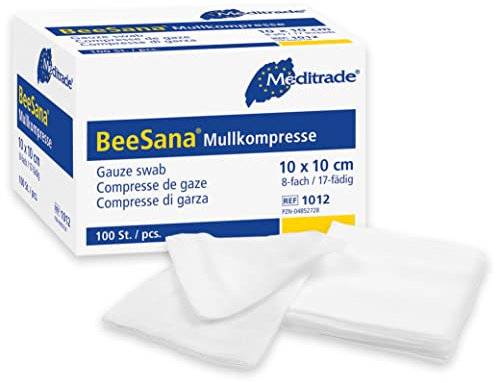Meditrade 1008 Beesana Mullkompressen, Unsteril, 12-Fach, 7,5 cm Länge x 7,5 cm Breite (100-er pack)