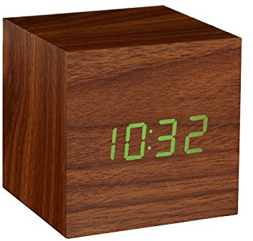 Gingko Cube LED Click Clock Wecker mit Sound Aktivierung (Uhrzeit, Datum & Temperatur), Walnuss / Grün LED
