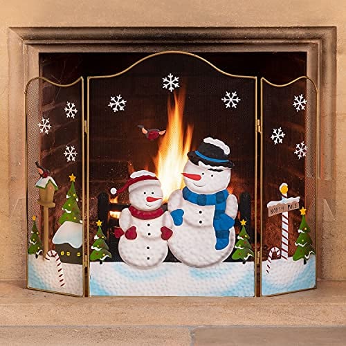 Christow Christmas Fireguard Large Fireplace Screen, Arched Metal Mesh Fire Screen H61cm (Snowman)