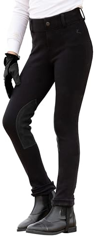 HORZE Nora Girls Riding Pants with Leather Knee Patch | Kids Equestrian Girls Jodhpurs Breeches | Size Chart in Images - Black - M