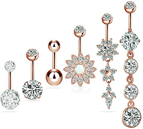 6 PCS 14G 316L en acier chirurgical CZ nombril anneaux avec Dangle Cubique Zircone Courbe Corps Piercing Bijoux Barbells pour Femmes Filles (Or rose)