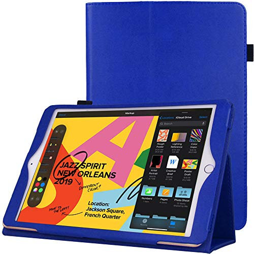 TECHGEAR Coque Cuir Compatible avec iPad 10.2 2020/2019 [8ème et 7ème génération] Housse de Protection en Cuir PU avec Support Stand et Prise Main, Fonction Sommeil/Réveil Coque [Bleu]