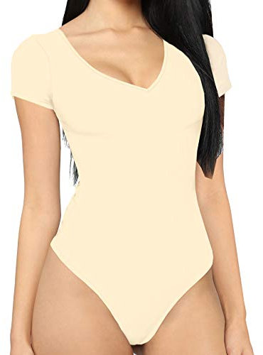 MANGDIUP bodysuit for women Short Sleeve V-Neck Casual Stretchy Basic T Shirt Bodysuit, Nude, Large