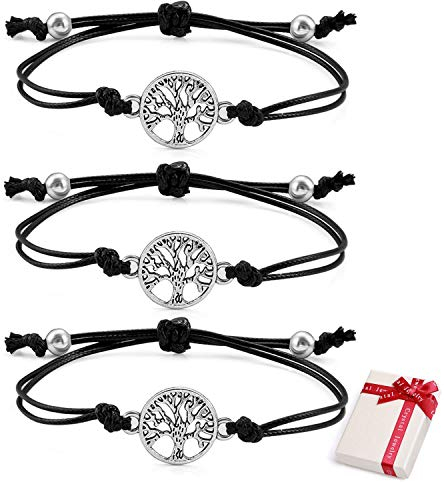 3 Albero Della Vita Braccialetto Argento per Ragazze Donna, Feelairy Braccialetti a Corda Sottile Regolabile Braccialetto Fatto a Mano Regalo per Coppia il migliore amico Compleanno Natale Festa