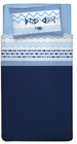 PENSIERI DELICATI Completo Letto Singolo 100% Cotone, Completo Lenzuola Singolo 90x200 Comprensivo di Lenzuolo Sotto, Lenzuolo Sopra e 1 Federa a Sacchetto, Made in Italy, Fantasia Pesciolini Blu