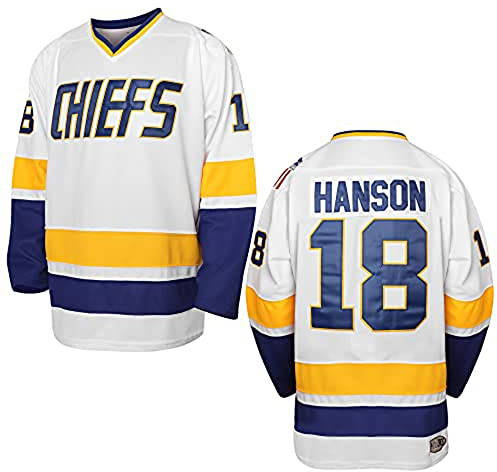 Hanson Brothers Hockeytrikot 16 Charlestown Chiefs 17 Jeff Slap Shot 18 Movie Hockey Jersey Blau Weiß S-3XL, 18 Hanson White, L