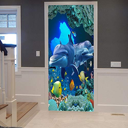 A.Monamour Türtapete Selbstklebend Türfolie Türposter 3D Unterwasser Delfin Fische Blauen Ozeans Vinyl Folie Türdeko Tapete Wandbild Türaufkleber Türtattoo 77 x 200 cm