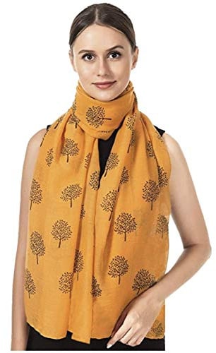 World of Shawls Damen Schal im Promi-Stil, lang, Maxi Sarong Gr. 100 cm x 180 cm, Schal mit Maulbeerbaum-Motiv, senffarben mit schwarzem Muster
