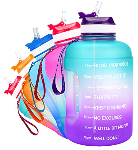 QuiFit 2.2 Litre Motivational Water Bottle - with Straw & Time Marker,Wide Mouth,BPA Free,Reusable,Ideal for Gym,Outdoor Sport,Home & Office (Green/Purple, 2.2 Liter)
