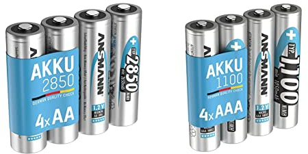 ANSMANN Akku AA Typ 2850mAh NiMH 1,2V - Mignon AA Batterien wiederaufladbar (4 Stück) & Akku AAA Typ 1100 mAh (min. 1050 mAh) NiMH 1,2 V (4 Stück) - Micro AAA Batterien wiederaufladbar