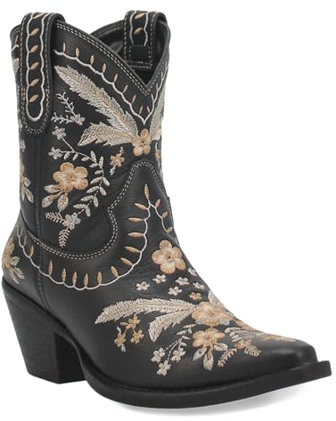 Dingo Womens Primrose Floral Embroidered Snip Toe Casual Boots Ankle Mid Heel 2-3 - Black - Size 10 M