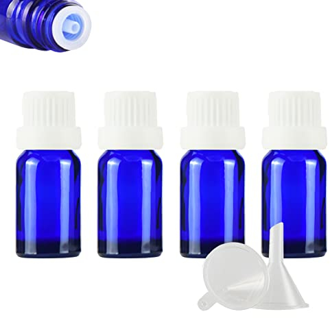 ZEOABSY 4 Pieces 10ml Blue Glass Dropper Bottle with White Tamper Evident Dripper Cap for Essential Oils Fragrances Aromatherapy Cosmetic Travel Bottles Vials