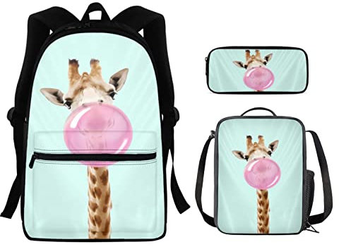 Pensura 3-teiliger Schulrucksack für Kinder, Laptop-Rucksack, Schultaschen, isolierte Lunch-Tasche, Federmäppchen für Jungen und Mädchen, Giraffe, Einheitsgröße, Reiserucksäcke