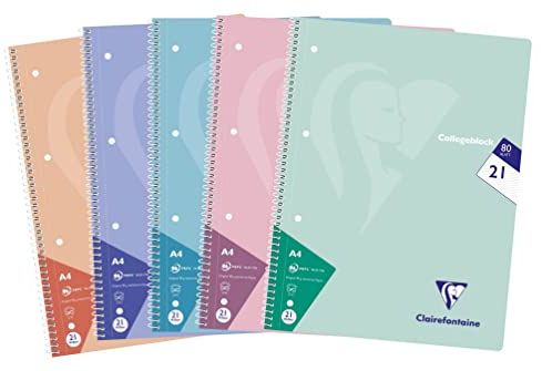 Clairefontaine 306256C - Packung mit 5 Heften / Collegeblöcken, DIN A4, 80 Blatt 90g liniert, Pastellfarben sortiert, 1 Pack