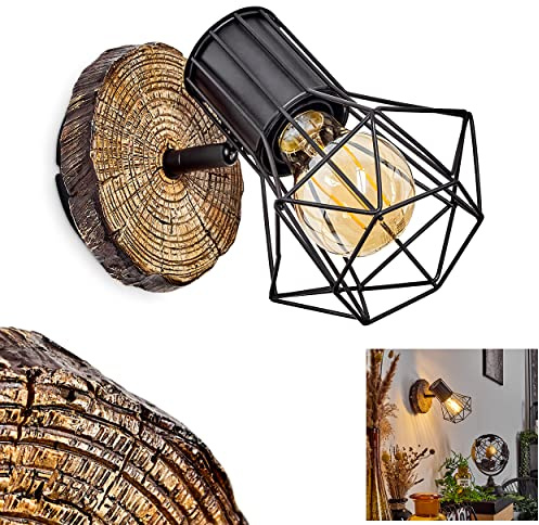 Wandleuchte Bardhaman, verstellbare Wandlampe aus Metall in Schwarz/Holzoptik, 1-flammig, 1 x E27, ohne Leuchtmittel, Retro/Vintage Wandspot in Gitter-Optik mit tollem Lichteffekt an der Wand