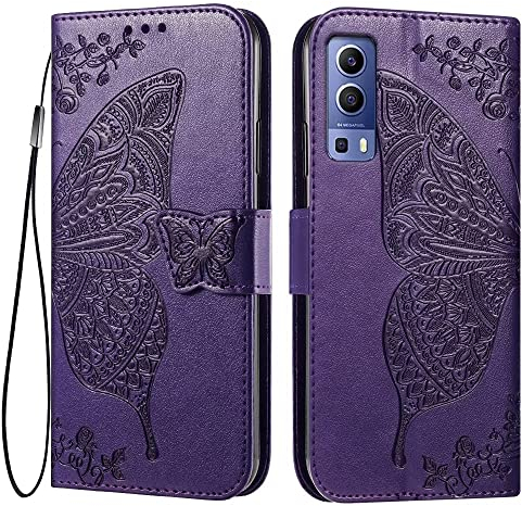 EASSGU Leder Handyhülle für vivo Y52 5G / vivo Y72 5G (6.58 Inches) Flip-Folio Magnetische Hülle mit 3 Kartenfach, 1 Wallet, Sturzfeste, Kratzfeste Case - Dunkelviolett