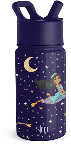 Simple Modern Disney Princess Jasmine Kids Water Bottle with Straw Lid | Reusable Insulated Stainless Steel Cup for Girls, School | Summit Collection | 14oz, Starry Jasmine