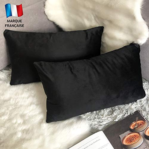 Douceur De Plumes 2er Set aus schwarzem Samt 40x80 cm mit einfachem dekorativem, weichem, modernem, rechteckigem Kissenbezug, skandinavischem Wohnzimmer-Sofa Schlafzimmer-Dekor (2 Schwarz)