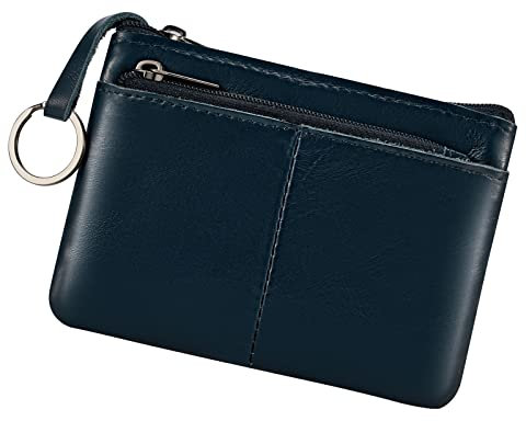 Porte-monnaie en cuir véritable avec triple fermeture éclair et porte-clés, noir foncé, Pochette à monnaie