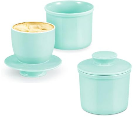 Flexzion Porcelain Butter Crock Butter Keeper, French Butter Dish Bell with Lid, Tabletop Spreadable Soft and Fresh Water Sealed Butter Holder Cafe Retro Collection Farmhouse Decor (Blue) 2 Pack