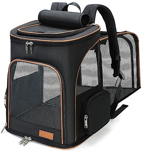 Lekereise Schwarzer Katzenrucksack für große Katzen und Hunde bis zu 9 - 11,3 kg, erweiterbarer Haustiertragerucksack, Hunderucksack mit Sicherheitsleine