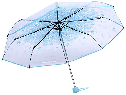 Ejoyous Taschenschirm Transparenter Regenschirm mit Blumen, Taschenschirm Prinzessinnenschirm Muster Blumen Leicht Durchsichtig Windfest Reiseschirm Durchmesser 93 cm (Blau)