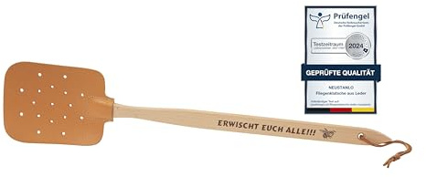 Neustanlo - Fliegenklatsche aus Holz und Leder - mit Spruch Erwischt euch alle!!! - extra stark - mit Holzstiel und Lederband - 47,5 cm