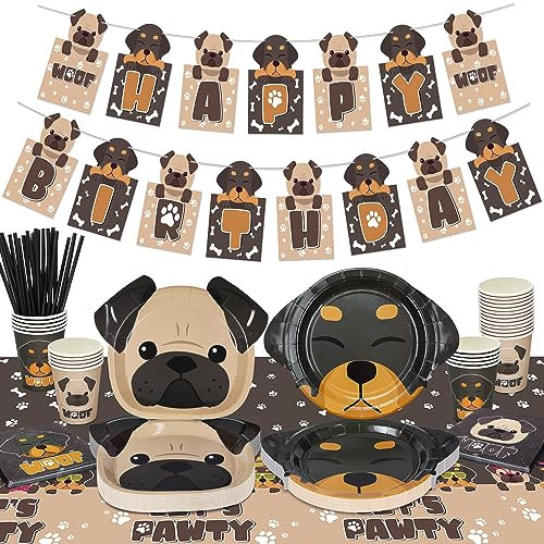 Dog Party Decorations, Dog Shape Paper Plates, Doggy Party Supplies for Dog Kid Birthday, Includes Dog Paper Plates, Happy Birthday Banner, Let's Pawty Tablecloth, Napkins, Serves 20 Guests