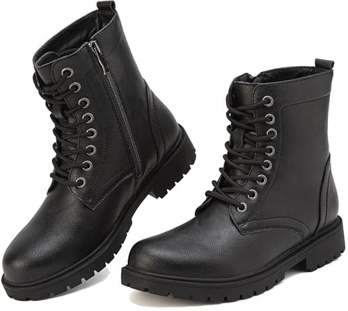 ziitop Stiefel für Frauen Wasserdichte Stiefeletten Arbeitsstiefel Schnürschuhe Damen Stiefel Seitlicher Reißverschluss Kampfstiefel Wanderschuhe Damen Schwarze Stiefel Plateau Leder Booties, Schwarz