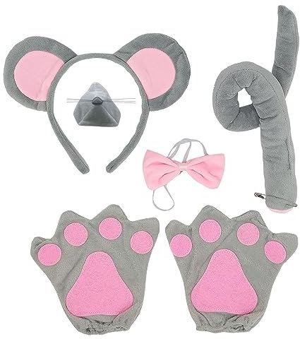 SKHAOVS 5-Piece Mouse Costume Set - Grey & Pink, Unisex Youth - Mouse Ears, Nose, Tail, Gloves & Bow Tie - Cosplay, Halloween, Birthday Parties