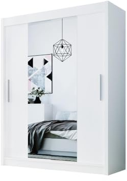 Easy4You D2 120 cm Weiß Schiebetüren Kleiderschrank 120x200x58 cm mit Spiegel - Schlafzimmermöbel, Aufbewahrung - Mehrzweckschrank