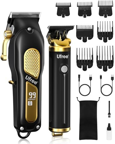 Ufree Hair Clippers for Men, Professional Clippers and Trimmers Set, Cordless Clippers for Hair Cutting, Beard Trimmer, Barber Clippers, Rechargeable Electric Shaver, Gifts for Men, Black Gold