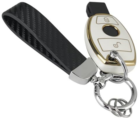TPU Silikon Schutzhülle mit Auto Premium Kohlefaser Schlüsselanhänger für Mercedes Benz A B C E Class W176 W246 W204 S204 W205 S205 C205 A205 W212 S212 C207 A207 CLA CLS ML GLA GLK GLC Weiß