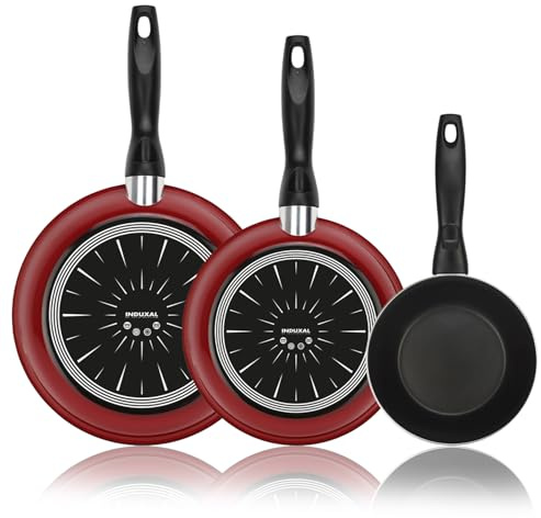 ALZA Akai - Set de Sartenes Rojas 18 + 20 + 24 cm, Acero Vitrificado, Antiadherente Bicapa, Todo Tipo de Cocinas Incluido Inducción y Lavavajillas