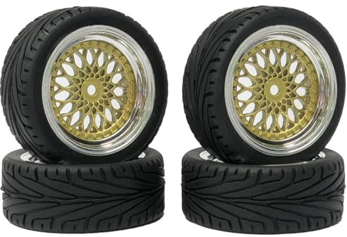 RC Auto Reifen und Räder Set,KINGCOO 4Stück 65mm Gummireifen Kunststoffbeschichtung Rad Felgen 12mm Hex für 1/10 RC On-Road Run-Flating Touring Racing Auto (Gold Silber)