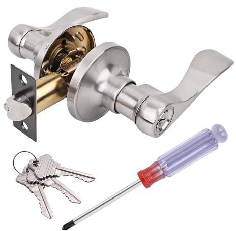 ANSIONLOK Door Handle with Lock, Stain Nickel Keyed-Entry Door Handle Knob | Wave Style Levers, Reversible Handle, Interior Exterior Door Lock with 3 Keys & Screwdriver, for Bedroom Bathroom Front Door