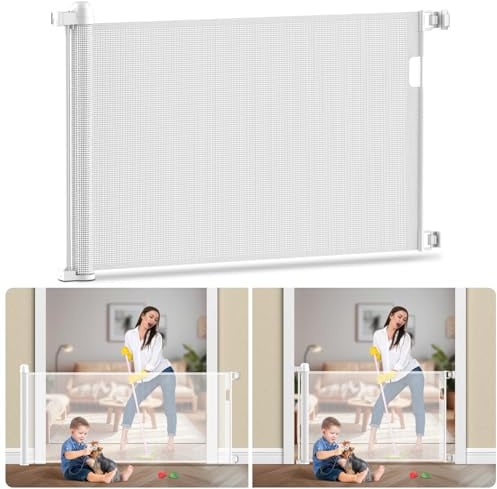 Kidsgiggliz Barrera Seguridad Niños Escalera, 150cm Puerta Seguridad Bebe Extensibles, Barrera para Perros Valla Seguridad Infantil Retráctil Vallas para Escaleras Pasillo, Interiore Exteriore Blanco