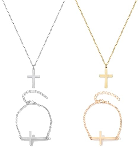 2 Pcs Kreuz Kette Damen Kreuzkette Silber Damen Kreuz Kette Gold Damen Kette mit Kreuz Kette Kreuz Silber Kreuz AnhäNger Cross Necklace Kreuz AnhäNger Silber Silberkette mit Kreuz Kette mit 2 Armband