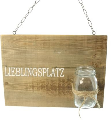 FRANK FLECHTWAREN Schild Lieblingsplatz, Holz, braun gewaschen, Metall, Jute Maße: 38 x 28 cm, Glasvase Ø 7 x 13 cm,