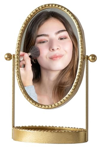 HuiDao Vintage Tischspiegel mit Tablett, Eitelkeitsspiegel mit Metallrahmen, Antiker Schminkspiegel Dekorative 360° Drehscheibe, Spiegel Tisch für Kommode, Schlafzimmer, Badezimmer (Gold, L-Oval)