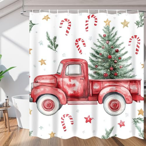 Kaifanee Merry Christmas Duschvorhang, roter Vintage-LKW-Baum, Winter, Schnee, Duschvorhang-Set mit Haken, wasserdichter Duschvorhang für Badezimmer-Dekoration, 152 x 183 cm (B x H)