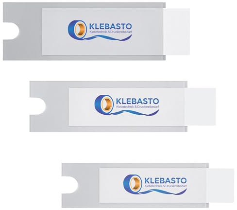 KLEBASTO Beschriftungsfenster selbstklebend | Selbstklebetaschen inclusive Einsteckschilder | Etikettenhalter zum kleben für Regale,Mappen,Ordner | schmale Seite offen (100, 19mm x 75mm)
