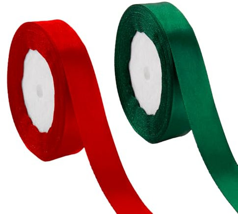 Ruban de Noël 2 Rouleaux 2CM x 22M, Satin Rouge et Vert pour Emballage Cadeau, Décorations de Mariage, Couronne et Gâteau d'Arbre de Noël
