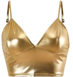 SamHeng Women's Metallic Crop Top Vest Sleeveless Wet Look Sexy V-Neck Camisole Shiny Rave Bra for Dance Festivals Costumes Night Club Party(Gold/M)
