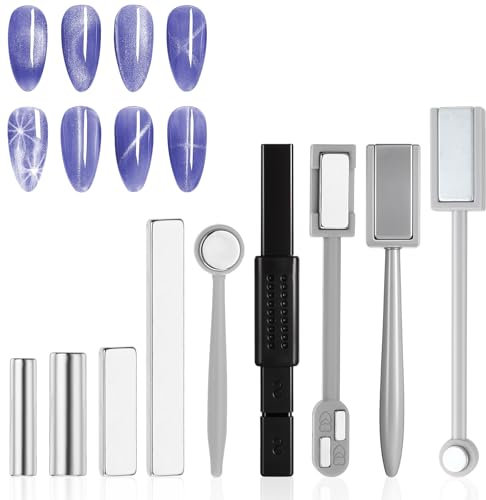 Wanmu 9 Stück Katzenaugen-Magnet-Set für Nägel, Starke Saugkraft Nagelmagnete für Nagelkunst, Katzenaugen-Gel-Nagellack-Magnetwerkzeuge, Doppelkopf-Nagelmagnetstab für Salon DIY Zuhause